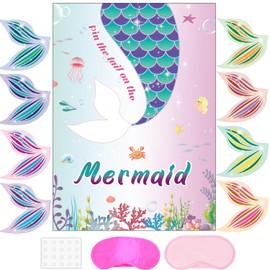 Pin The Tail on The Mermaid Game -Mermaid Party Game for Girls with 21'' x 28'' Poster, Reusable Tails Sticker Party Supplies for Kids Girls Birthday Party Favor Sets