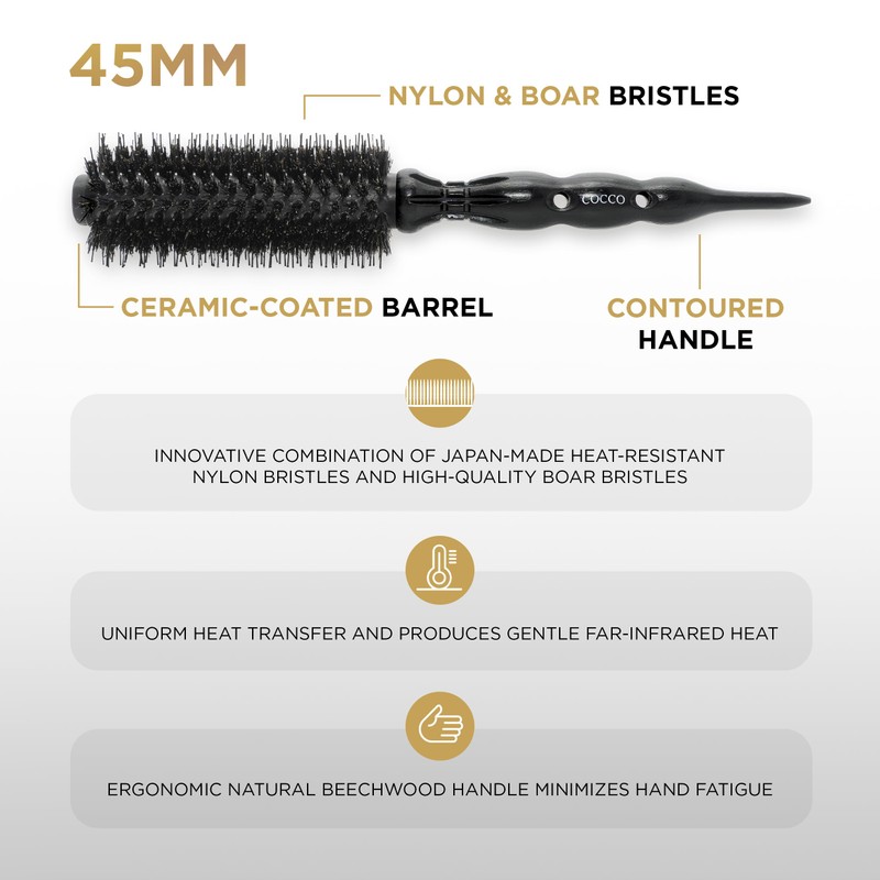 COCCO Black Series Ceramic Boar Brush S4, Hair Styling Brush