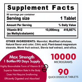 B12 Vitamins 10,000 mcg, Methylated Vitamin B12 Sublingual - Energy Boost, Focus, Metabolism & Brain Health Support, Immune System Support, Fast Dissolve, Natural Strawberry Flavor, 180 Servings
