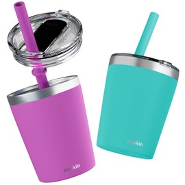 CUPKIN Cups with Lids and Straws, The Original 8 oz Stackable Stainless Steel First Sippy Cup, Set of 2 Powder Coated Insulated Kids Hot Drink Cup + BPA Free Lids + Silicone Straws (Green + Pink)