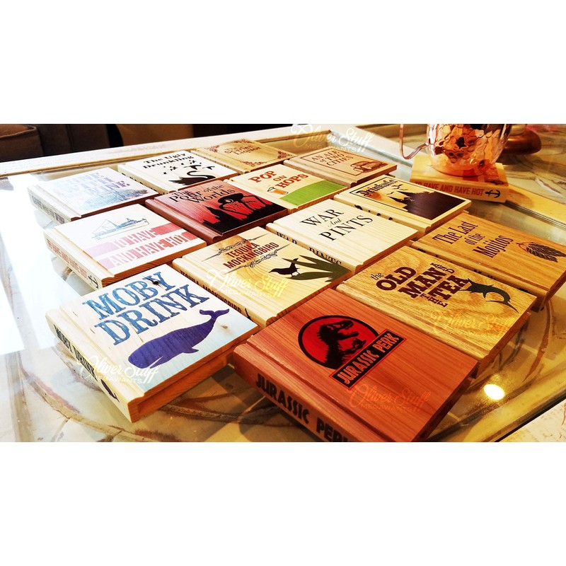 Solid Wood Book Shaped Coasters w/drinking puns
