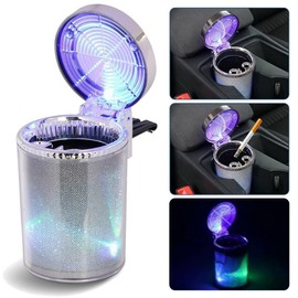 Bosaidong Car Ashtray, Auto Ashtray With LED Light, Mini Car Trash Can, Portable Ashtray with Lid Suitable for Most Vehicles, Silver