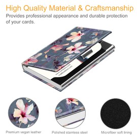 Fintie Business Card Holder, Premium Vegan Leather Coated Stainless Steel Professional Slim Name Card Case Organizer for Men & Women (Blooming Hibiscus)