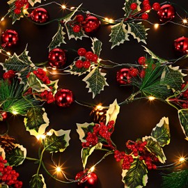 2 Pieces Christmas String Lights 6.6 ft Pinecone Red Berry Christmas Garlands with Lights Battery Operated Christmas Lights Xmas Garland Fairy Light Strings for Christmas Party Indoor Outdoor Decor