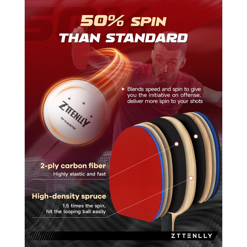 ZTTENLLY Ping Pong Paddle with Carbon Technology | Performance-Series,7-ply Finest