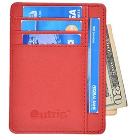 RFID Slim Wallet Leather Front Pocket Minimalist Wallet Card Holder Money Clip(red)