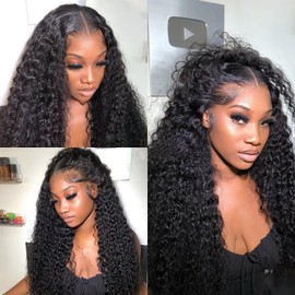 24 Inch Deep Wave Human Hair Wig For Black Women,200 Density 13X6 HD Transparent Lace Front Wigs Human Hair Pre Plucked Natural Hairline,13X6 Full Lace Frontal Curly Wigs Human Hair Can be Dyed