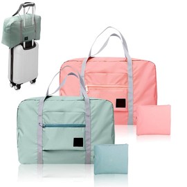 Foldable Travel Duffel Bag, 2 PCS Portable Luggage Foldable Storage Bag, Waterproof Lightweight Carry-on Bags for Sports Gym Vacation (Light Blue Light Pink)