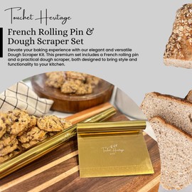 French Rolling Pin and Dough Scraper Set | Gold Bench Scraper Tool | Rolling Pin For Dough | Bread Making Accessories | Metal Bread Dough Cutter | Sourdough Scraper | Rolling Pin for Baking, small