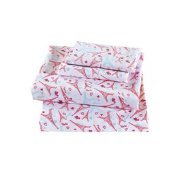 Linen Plus Sheet Set for Girls/Teens Eiffel Tower Paris Hot Pink Light Blue White Flat Sheet Fitted Sheet and Pillow Case Twin Size New