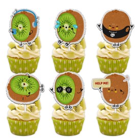 18pcs Green Glitter Cute Kiwi Fruit Dessert Cupcake Topper Pick for Funny Fruit Theme Decor Supplies Baby Shower Men Women Boys Girls Happy Birthday Party Decorations