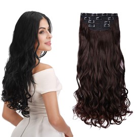 REECHO 24" Curly Wavy 4 Pieces Set Thick Clip in on Hair Extensions Dark Brown