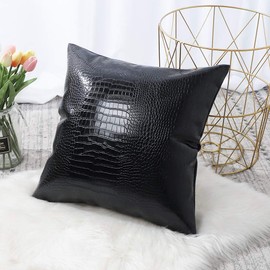 Artscope Cozy Cushion Covers Cases for Couch Sofa Home Decoration Solid Dyed Crocodile PU Faux Leather Both Sides Throw Pillow Covers 45x45cm,18x18 Inches (Black)