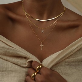 Feskive Layered Gold Necklaces for Women，Stackable 14K Gold Plated Tiny Initial Necklaces Simple CZ Cross necklace Dainty Layered Necklace Different Length Pendant Necklace Gold Jewelry Set for Women