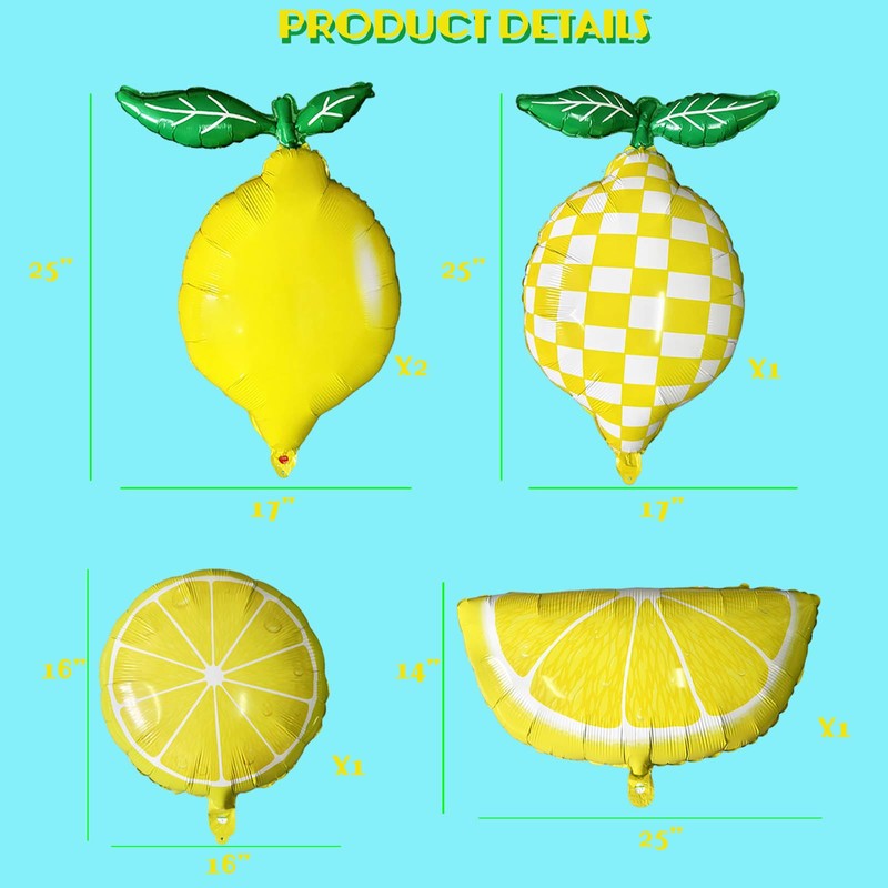 Lemon Foil Balloons 5 Pack, 25" Assorted Fruit Shaped Mylar