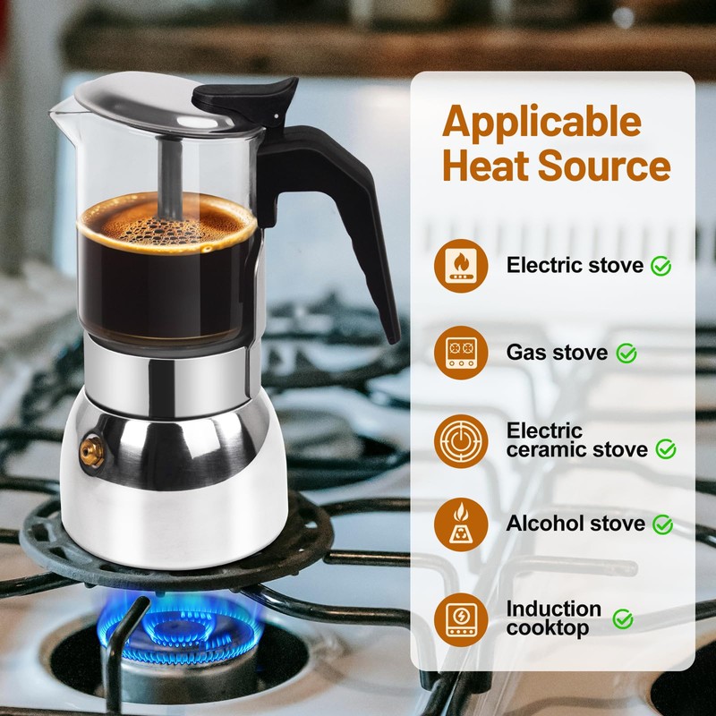 Vaolvpant 9 Cup Glass Clear Moka Pot Thickened 304 Stainless
