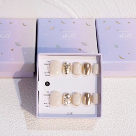 Light Rain Press on Nails Short- Venus, 3D Handmade White and Gold Reusable Gel UV Finished False nails, Hand-Painted Fake Nails with Design by Professional Manicurist, Short Square, Large Size