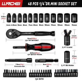 LLNDEI 48 Piece 1/4 Inch Mini Socket Ratchet Wrench Set, Metric Shallow Socket (4-14mm) 6-Point,with 72 Teeth Mini Ratcheting Wrench, Screwdriver Bit Set, Universal Joints and 3 Inch Extensions