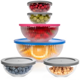 dokaworld Set of 6 Stackable Space-Saving Nesting Glass Bowls with BPA Free Lids for Foodprep, Storage, Baking, Mixing & Cooking, Microwave Safe - Durable Inert Borosilicate Glass