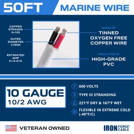 Iron Forge Cable 10 Gauge Marine Wire - 50 Foot, 10 AWG Cable for Boat Wiring, 10/2 Tinned Copper Duplex Marine Grade Outdoor Electric Wire for Boat, Dock, RV, Solar, and Automotive