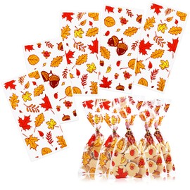 Kesote 100 Pieces Fall Thanksgiving Cellophane Treat Bags, Clear Pumpkin Maple Leaf Goodie Candy Treat Bags Bulk with Twist Ties for Thanksgiving Autumn Fall Party Favor Supplies