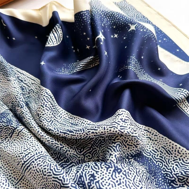 FairyCity Silk Square Scarf, Navy Blue Celestial Pattern, Stars and