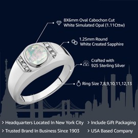 Gem Stone King Men's 925 Sterling Silver White Simulated Opal and White Created Sapphire Ring For Men | 1.11 Cttw | 8X6MM Oval Cabochon Cut | Available In Size 7, 8, 9, 10, 11, 12, 13