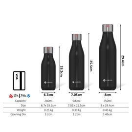 Les Artistes Paris Bottle'up 750 ml Solid Black - Double Walled Modern Stainless Steel Water Bottle, 750 ml, Size 750 ml -
