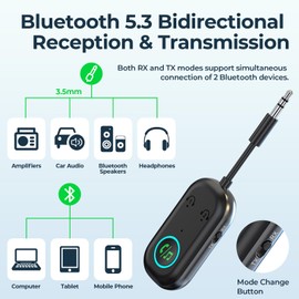 OIHCAZ Upgraded Bluetooth 5.3 Transmitter Receiver, Dual Pairing Wireless AUX Bluetooth Adapter for Car Amplifier Audio, Airplane Bluetooth Receiver 3.5mm Jack for TV Home Stereo Headphone