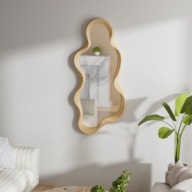 osemy Irregular Wall Mirror, Wooden Framed Wall Mirror, Asymmetrical Wavy Wall Mirror for Living Room Bedroom Entryway Bathroom Modern Decorative Mirror with Hanging Hooks 30x14 Inch