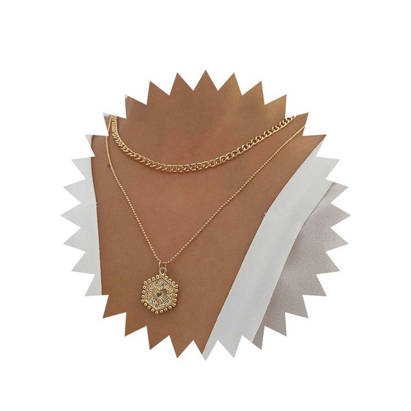 Xduargs Boho Geschichtet Sechseck Anhänger Halskette Gold Klobige Kette Halskette