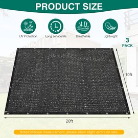 Ribbonlic 3 Pcs 80% Shade Cloth 10 x 20 ft Black Shade Cloth Mesh Garden Mesh Shade Canopy with Reinforced Grommets Sun Mesh Tarp Shade Net for Greenhouse, Plant, Garden, Flowers Heat Protection