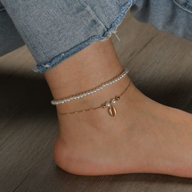 Pearl Anklets for Women Beach Anklet Adjustable Pearl Chain Anklet Double-Layer Pearl Shell Anklet Summer Foot Jewelry Gifts for Women (Double)