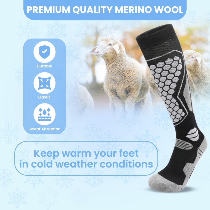 ZANZER Merino Wool Ski Socks - 3 Pairs Thermal Knee