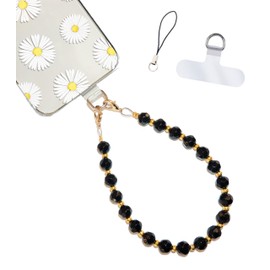 Hidden Hollow Beads Cell phone charm Wrist strap tether tab wristlet anti-drop hands free fits most cases and accessories (Gold & Black Crystals)