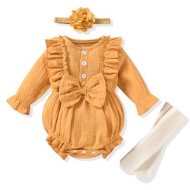 HINTINA 12 Month Infant Baby Girl Ruffle Long Sleeve Linen Solid Romper Jumpsuit Outfit Fall Winter Clothes Clothing Set 12-18 Months