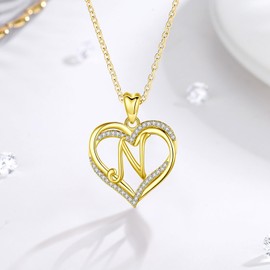 INFUSEU Necklace with Letters, Heart Pendant Necklace, Letter A-Z Alphabet Jewellery, Double Heart Initial Chains, Cubic Zirconia CZ for Women, Romantic Gifts for Girlfriend, 20 Inch Chain, Bronze