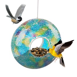 Wild Bird Feeder Fly Through Garden Hanging Bird Feeder Mosaic Circle Squirrel Proof for Outdoor Decoration,Blue and Green