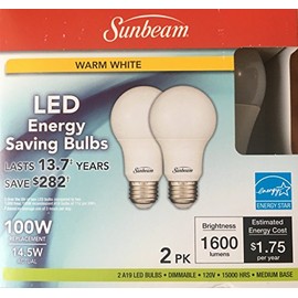 Sunbeam 100W LED DIMMABLE A19 / A21 Light 2 PACK, ENERGY STAR, 1600 Lumens, 3000K WARM WHITE, 14.5 Watt, 100 Replacement / Equivalent