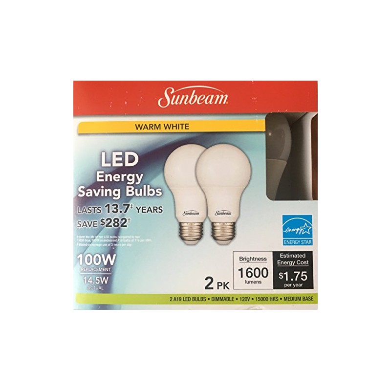 Sunbeam 100W LED DIMMABLE A19 / A21 Light 2 PACK,
