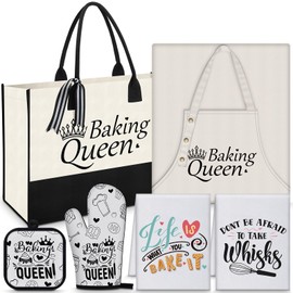 Langyiwee 6 Pcs Baking Gifts Set Fun Baking Gifts for Women Baking Queen Canvas Tote Bag Baking Apron Kitchen Towels Oven Mitts and Pot Holder Birthday Christmas Gifts for Bakers Mom Sister Wife Aunt