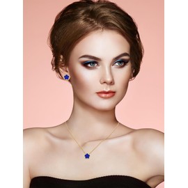 Qinpan Four Leaf Clover Necklace and Stud Earrings Set for Women Lucky Flower 14K Gold Jewelry, Yellow Gold, Chalcedony