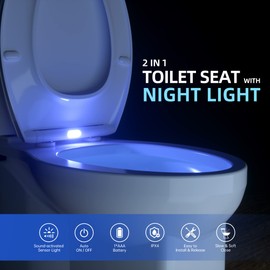 R&T Round Toilet Seat with Night Light Sound-activated Sensing Light Quiet Close Quick-Release (Round)