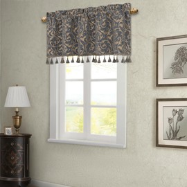 Loom and Mill Elegant Damask Valances for Living Room Window, Classic Acanthus Chenille Jacquard Window Treatment Valances with Tassels, Rod Pocket Short Curtain 1 Panel, 54” x 18”, Blue-Grey+Khaki