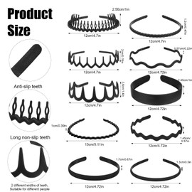 10pcs No Slip Headband With Teeth Comb,Plastic Black Headbands for Women Suitable for Women Men Teen Girls,Matte Tooth Hair Bands