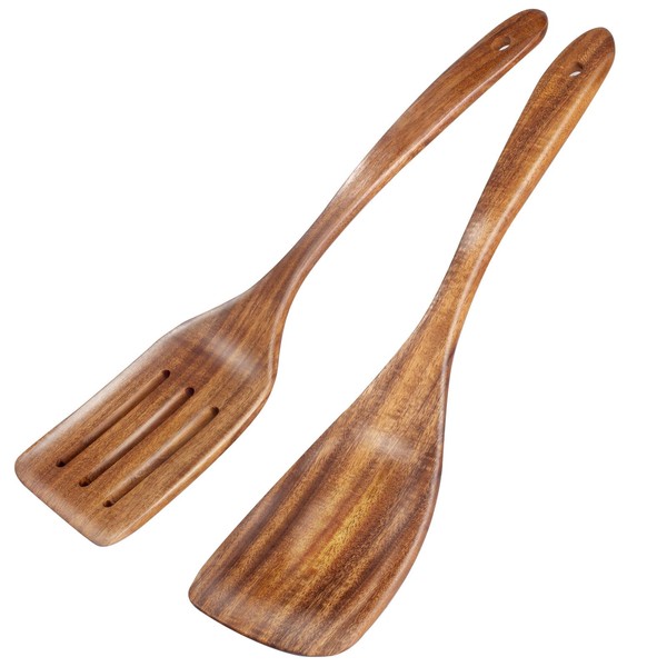 2 Pack Wooden Spatula, Acacia Wood Long Handle Flat Frying