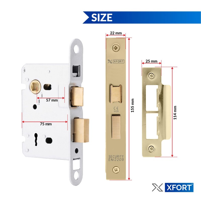 XFORT® 3 Lever Polished Brass Mortice Sashlock 75mm, Door Lock