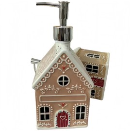 Gingerbread House Soap Dispenser, Ceramic Christmas Soap Dispenser with Silver Pump, Decorative Holiday Lotion Pump for Bathroom or Kitchen, Festive Countertop Accessory for Holiday Décor