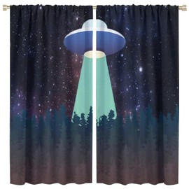 UFO Blackout Window Curtain, Unique Fun Alien Blue Purple Space Starry Sky Forest for Kids Boy Girl Baby Bedroom Nursery Living Room Decor Drapes 2 Panels 42x45 Inch Decor