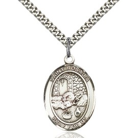 Bonyak Jewelry Saint Medal Collection Sterling Silver St. Rosalia Pendant 1 x 3/4 inches with Heavy Curb Chain